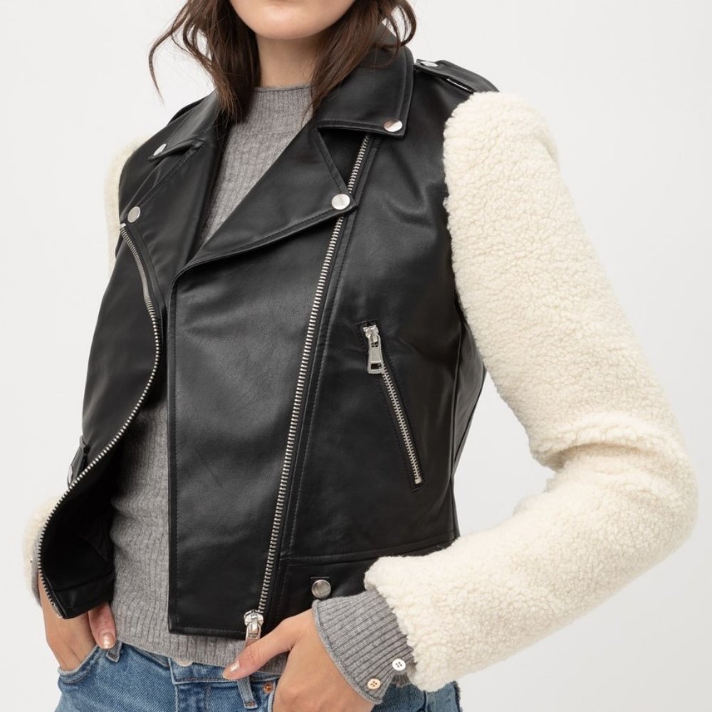 Flex Black Leather Sherpa Fur Jacket